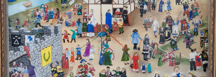 Illumination/painting in medieval style of numerous SCAdians at an event